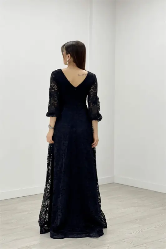 Lace Applique Fabric Beaded Bust Detailed Flared Evening Dress - BLACK - 5