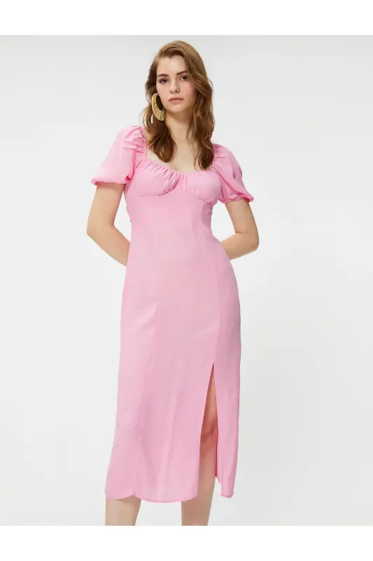 Lace Balloon Sleeve Slit Midi Dress - 2
