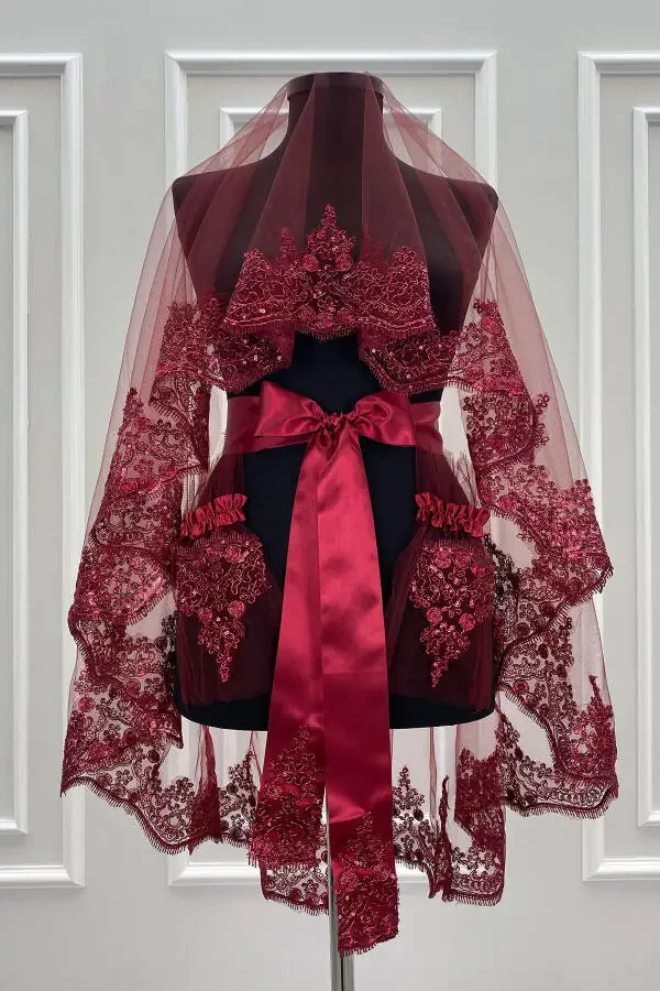 Lace Bridal Veil Set Wedding Face Veil Henna Night Marriage Veil Belt Gloves - 7