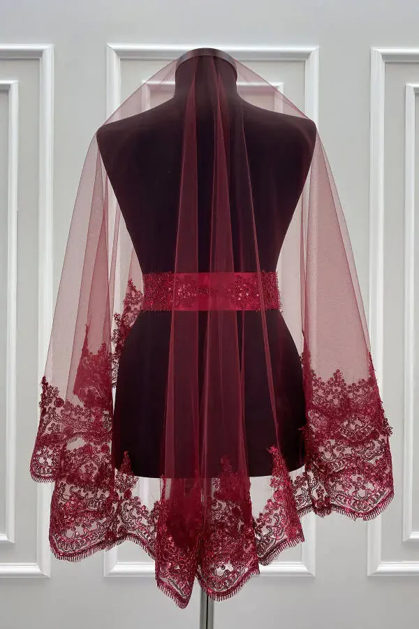 Lace Bridal Veil Set Wedding Face Veil Henna Night Marriage Veil Belt Gloves - 8