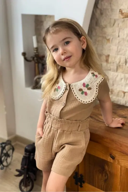 Lace Collar Muslin Girl Set - 3