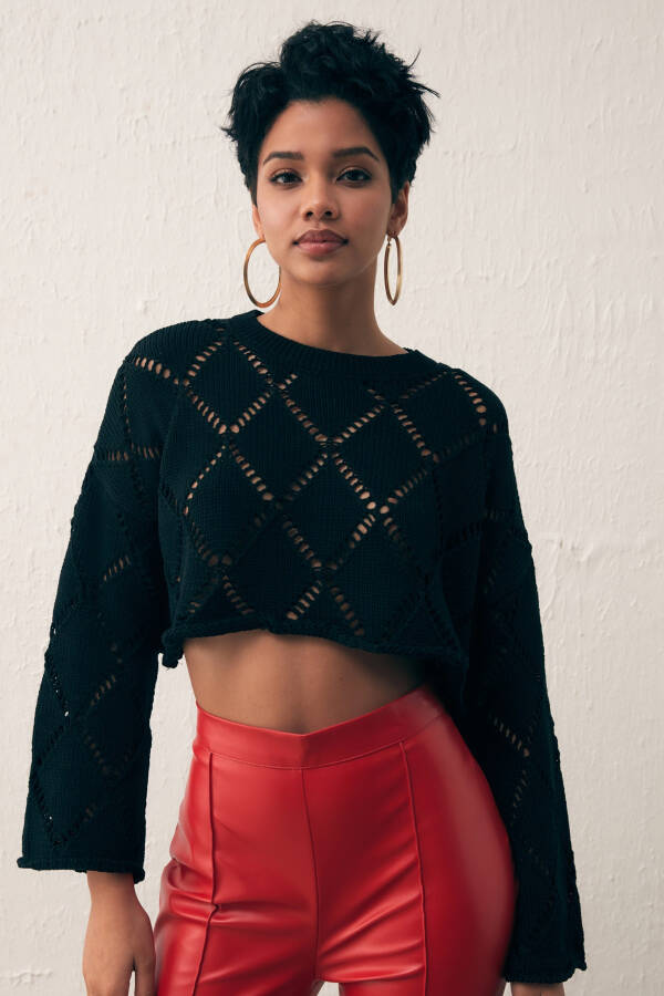 Lace Crop Knit - Black - 1