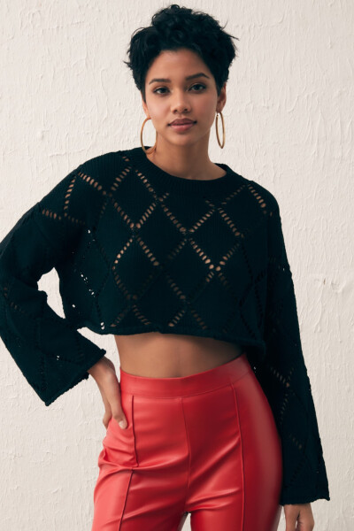 Lace Crop Knit - Black - 5