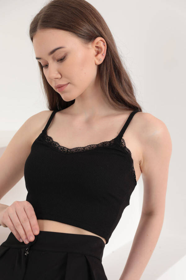 Lace Crop Top with Straps - Black - 1