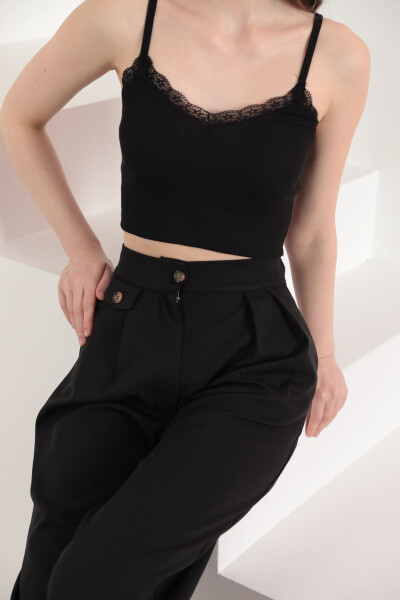 Lace Crop Top with Straps - Black - 2