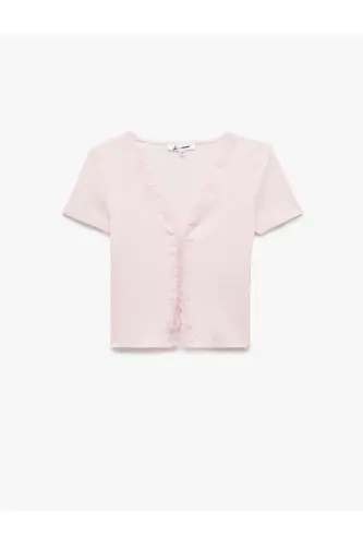 Lace Detail Short Sleeve V-Neck T-Shirt - 3