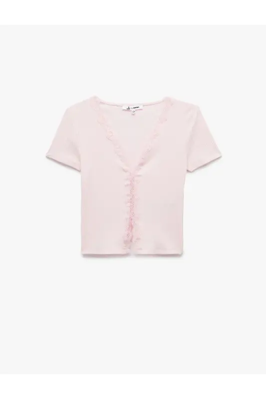 Lace Detail Short Sleeve V-Neck T-Shirt - 3