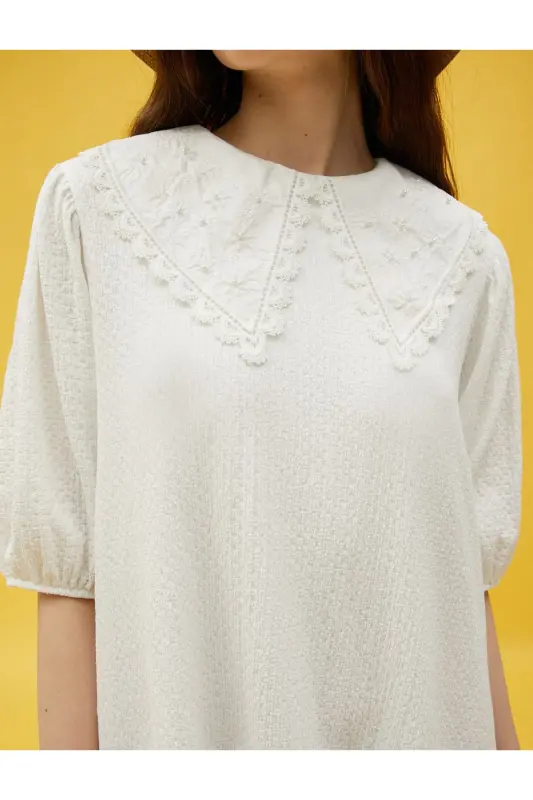 Lace Detailed Mini Dress with Collar Detail - 5