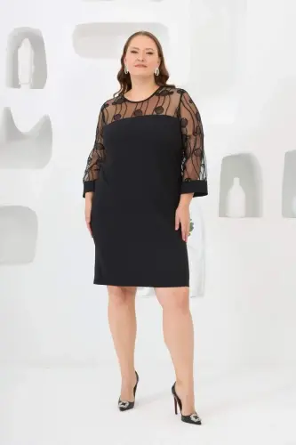 Lace Detailed Plus Size Evening Dress Black - 1