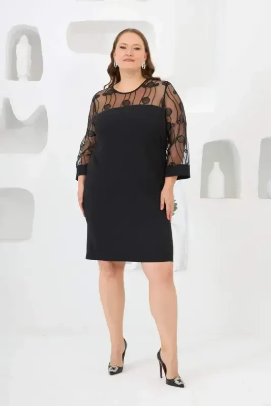 Lace Detailed Plus Size Evening Dress Black - 1