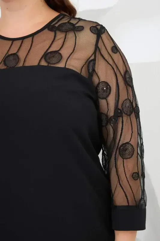 Lace Detailed Plus Size Evening Dress Black - 3