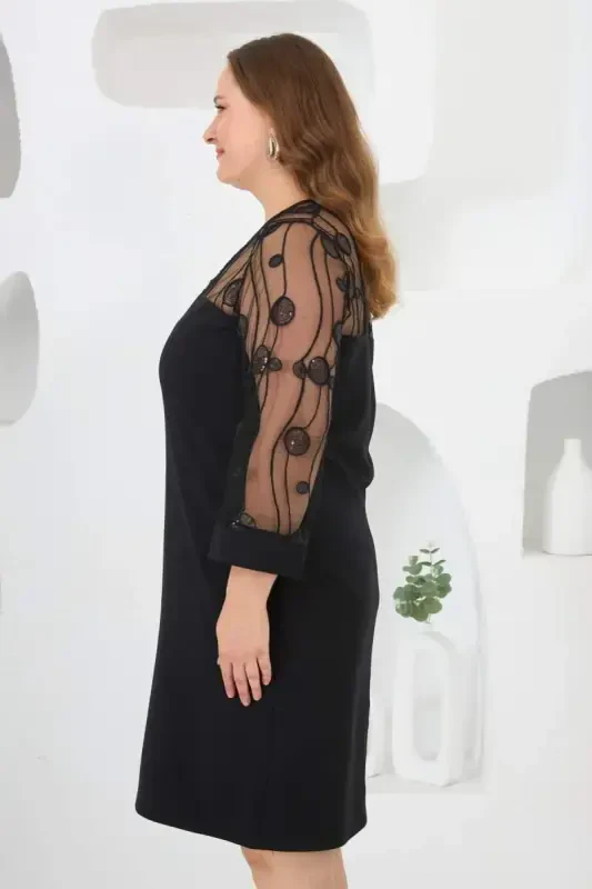 Lace Detailed Plus Size Evening Dress Black - 4