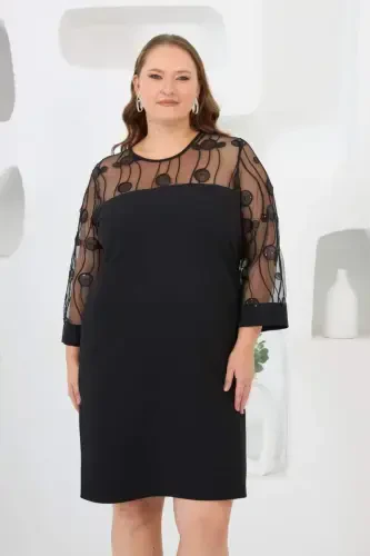 Lace Detailed Plus Size Evening Dress Black - 5