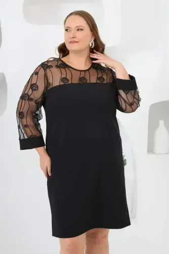 Lace Detailed Plus Size Evening Dress Black - 6