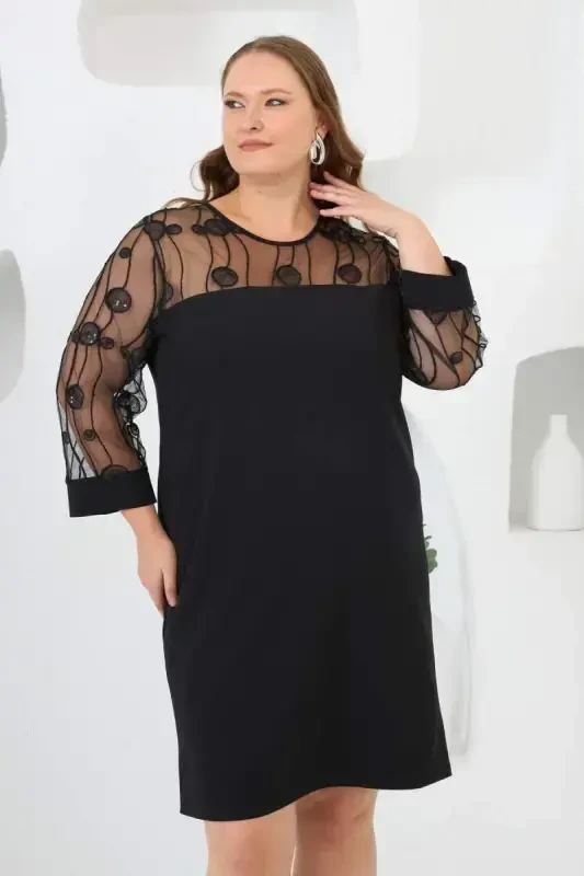 Lace Detailed Plus Size Evening Dress Black - 6