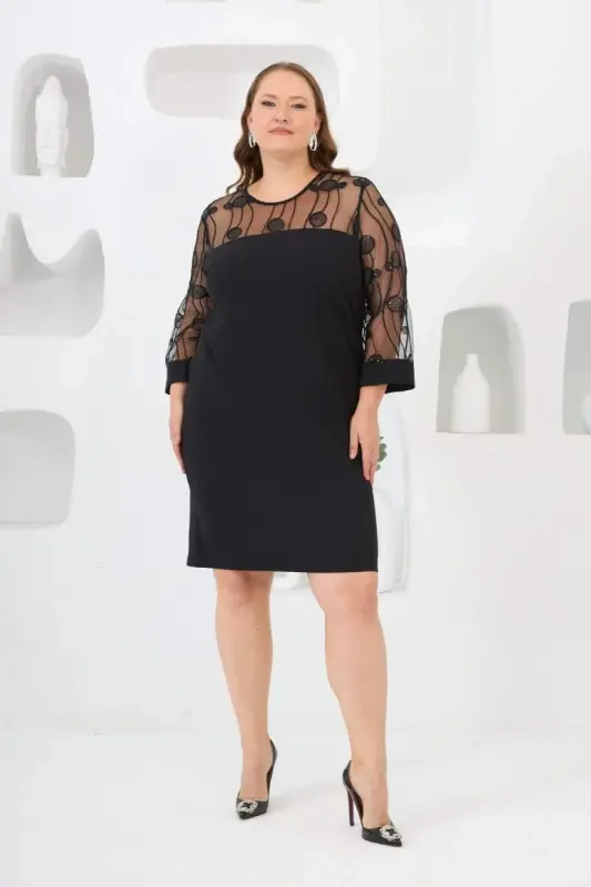 Lace Detailed Plus Size Evening Dress Black - 1