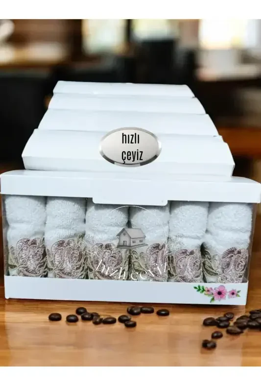 Lace Detailed Satin Embroidered Patterned Boxed Luxury Dowry 50x90 6-Piece Hand Face Towel Set-4 - Modazone