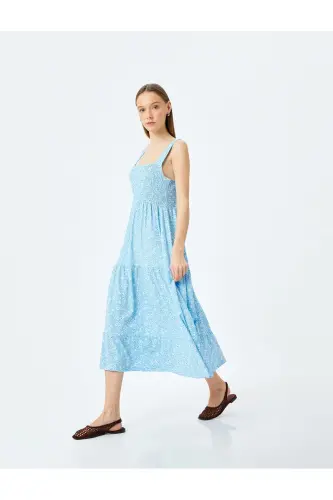 Lace Detailed Thick Strap Floral Midi Sleeveless Smocked Dress - 1