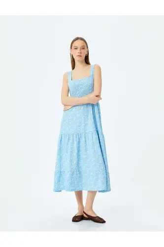 Lace Detailed Thick Strap Floral Midi Sleeveless Smocked Dress - KOTON (1)