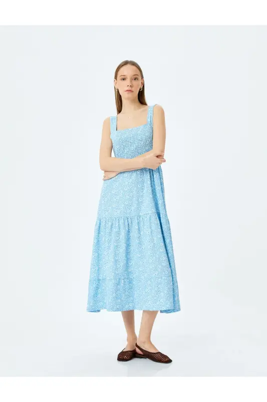 Lace Detailed Thick Strap Floral Midi Sleeveless Smocked Dress - 2