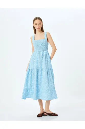 Lace Detailed Thick Strap Floral Midi Sleeveless Smocked Dress - 3