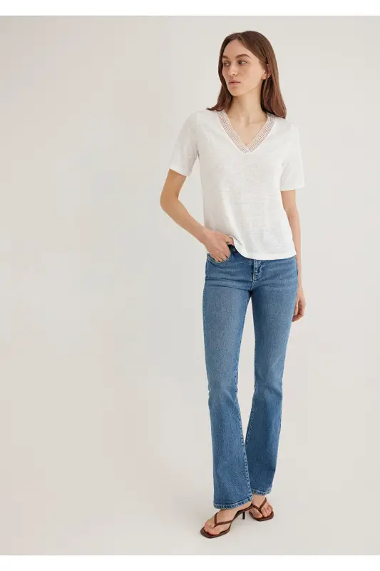 Lace Detailed V-Neck White T-Shirt Regular Fit / N - 2