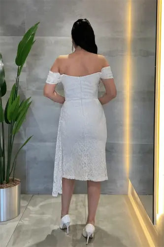 Lace Fabric Boat Neck Dress - WHITE - 1