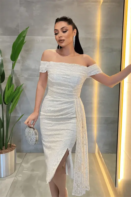 Lace Fabric Boat Neck Dress - WHITE - 4