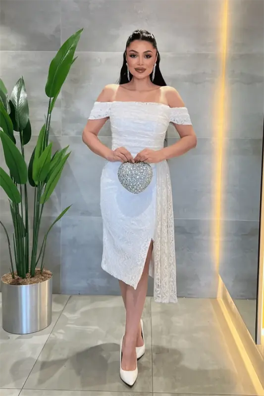 Lace Fabric Boat Neck Dress - WHITE - 5