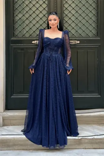 Lace Fabric Boned Detail Evening Dress - NAVY BLUE - 1