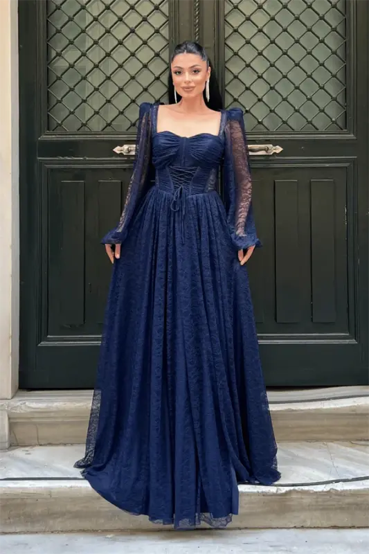 Lace Fabric Boned Detail Evening Dress - NAVY BLUE - 1
