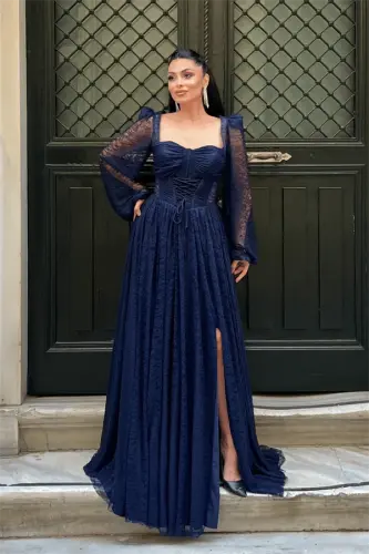 Lace Fabric Boned Detail Evening Dress - NAVY BLUE - BÜYÜKBEDENIZ (1)