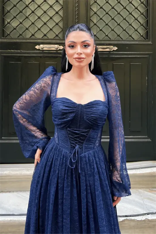 Lace Fabric Boned Detail Evening Dress - NAVY BLUE - 4