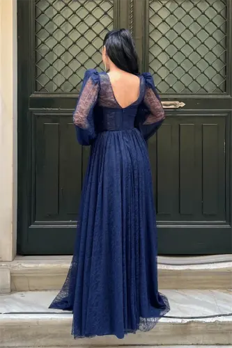 Lace Fabric Boned Detail Evening Dress - NAVY BLUE - 5