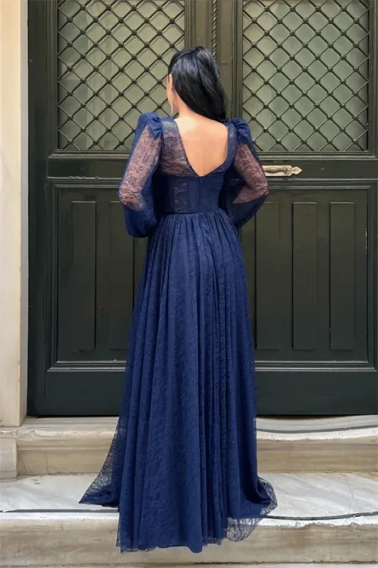 Lace Fabric Boned Detail Evening Dress - NAVY BLUE - 5