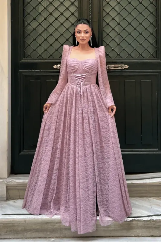 Lace Fabric Boned Detailed Evening Dress - POWDER - 1