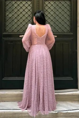 Lace Fabric Boned Detailed Evening Dress - POWDER - 5