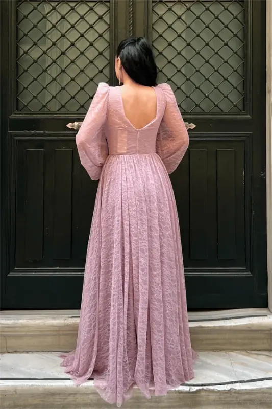 Lace Fabric Boned Detailed Evening Dress - POWDER - 5