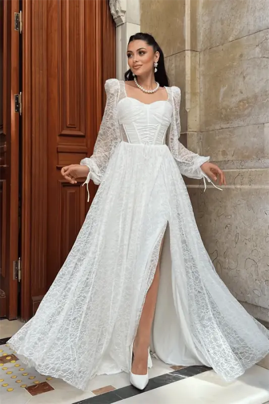 Lace Fabric Boned Detailed Evening Dress - WHITE - 2