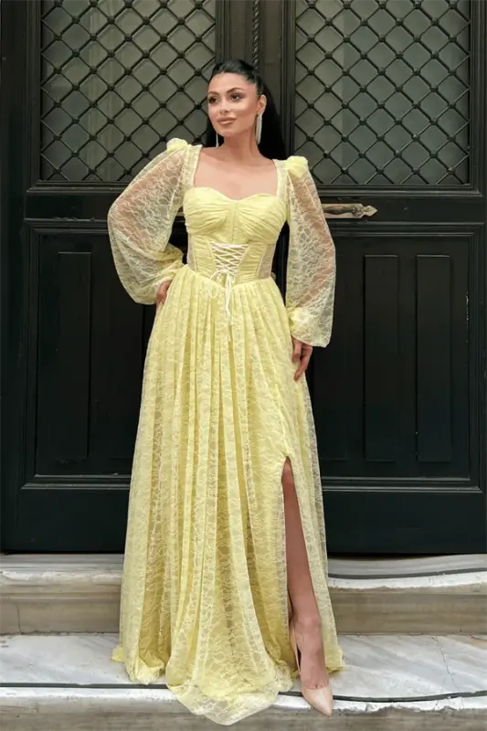 Lace Fabric Boned Evening Dress - YELLOW - 2