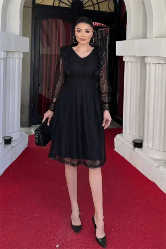 Lace Fabric Button Detailed Dress - BLACK - 1