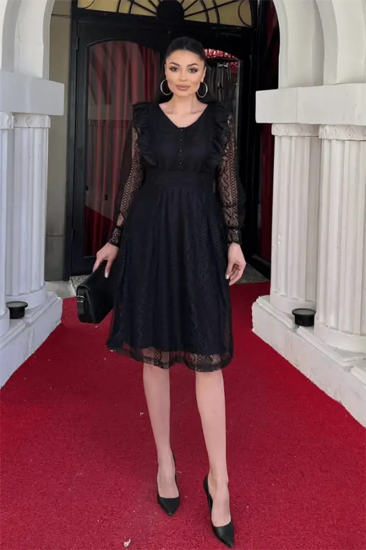 Lace Fabric Button Detailed Dress - BLACK - 1