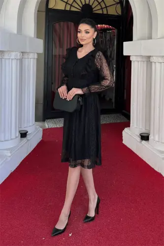 Lace Fabric Button Detailed Dress - BLACK - BÜYÜKBEDENIZ (1)