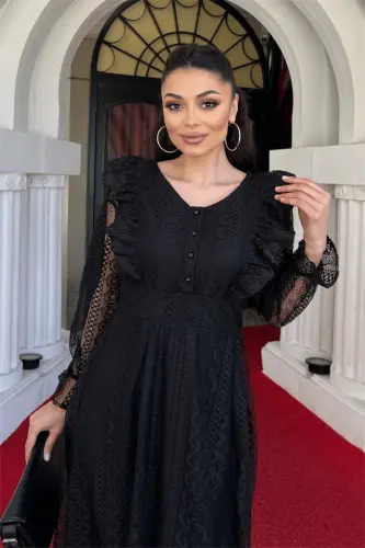 Lace Fabric Button Detailed Dress - BLACK - 3