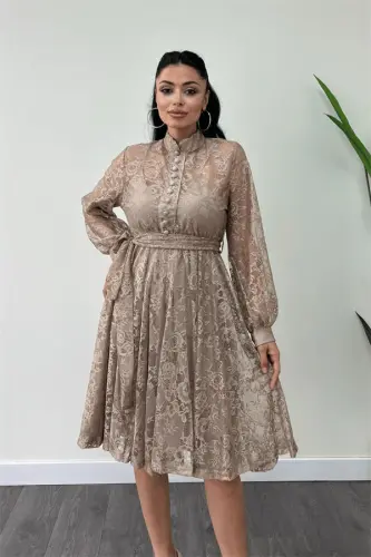 Lace Fabric Button Detailed Mini Dress - CREAM - 3
