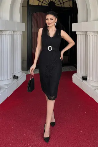 Lace Fabric Pencil Dress with Tulle Detail - BLACK - 1