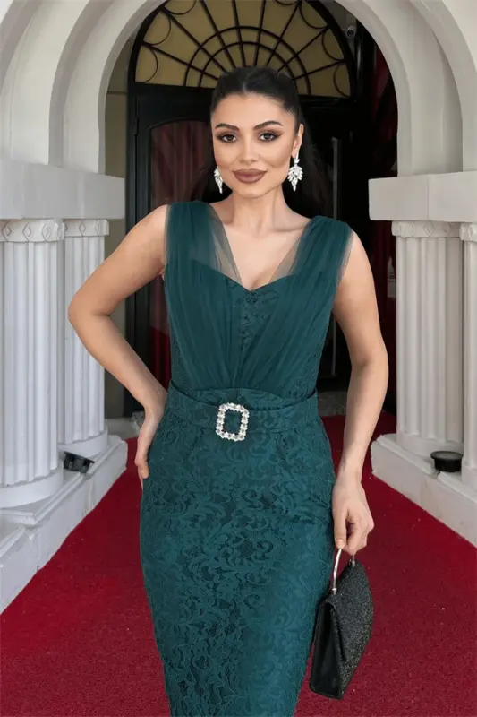 Lace Fabric Pencil Dress with Tulle Detail - EMERALD GREEN - 3