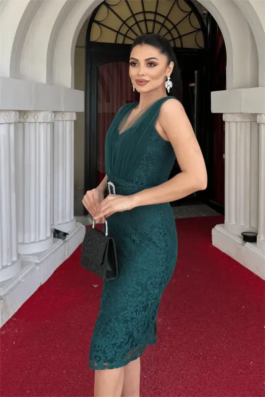 Lace Fabric Pencil Dress with Tulle Detail - EMERALD GREEN - 4