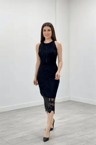 Lace Fabric Sleeveless Midi Dress - BLACK - 1