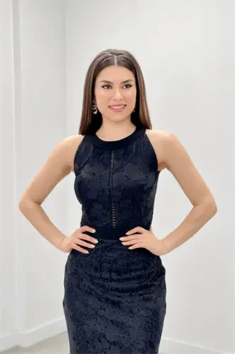 Lace Fabric Sleeveless Midi Dress - BLACK - 4